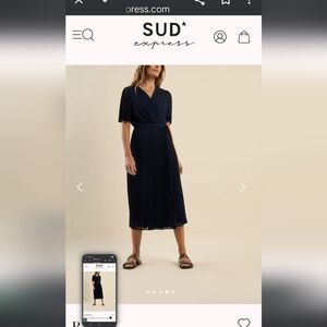 French Express SUD Navy Pleated Faux-Wrap Midi Dress from Chamonix.